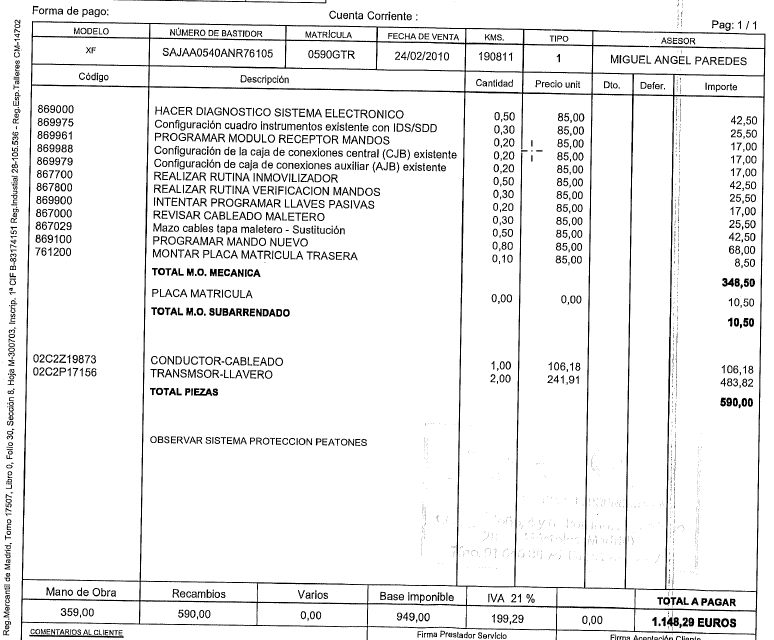 Factura solución problemas eléctricos varios XF